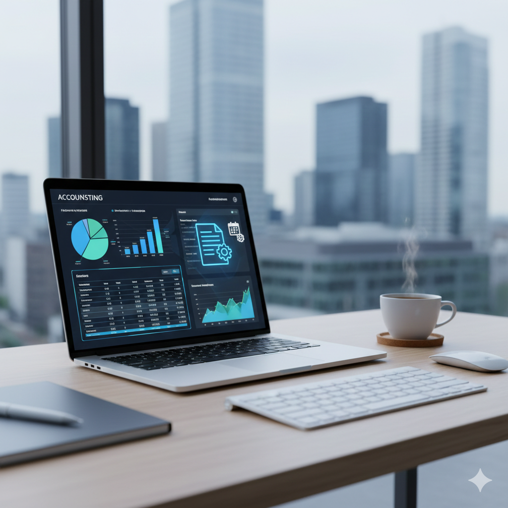 Digitale Buchhaltung 2025 mit Lexware – Laptop zeigt Finanz-Dashboard und E-Rechnungs-Symbole vor einer modernen Stadt-Skyline im Rhein-Main-Gebiet.