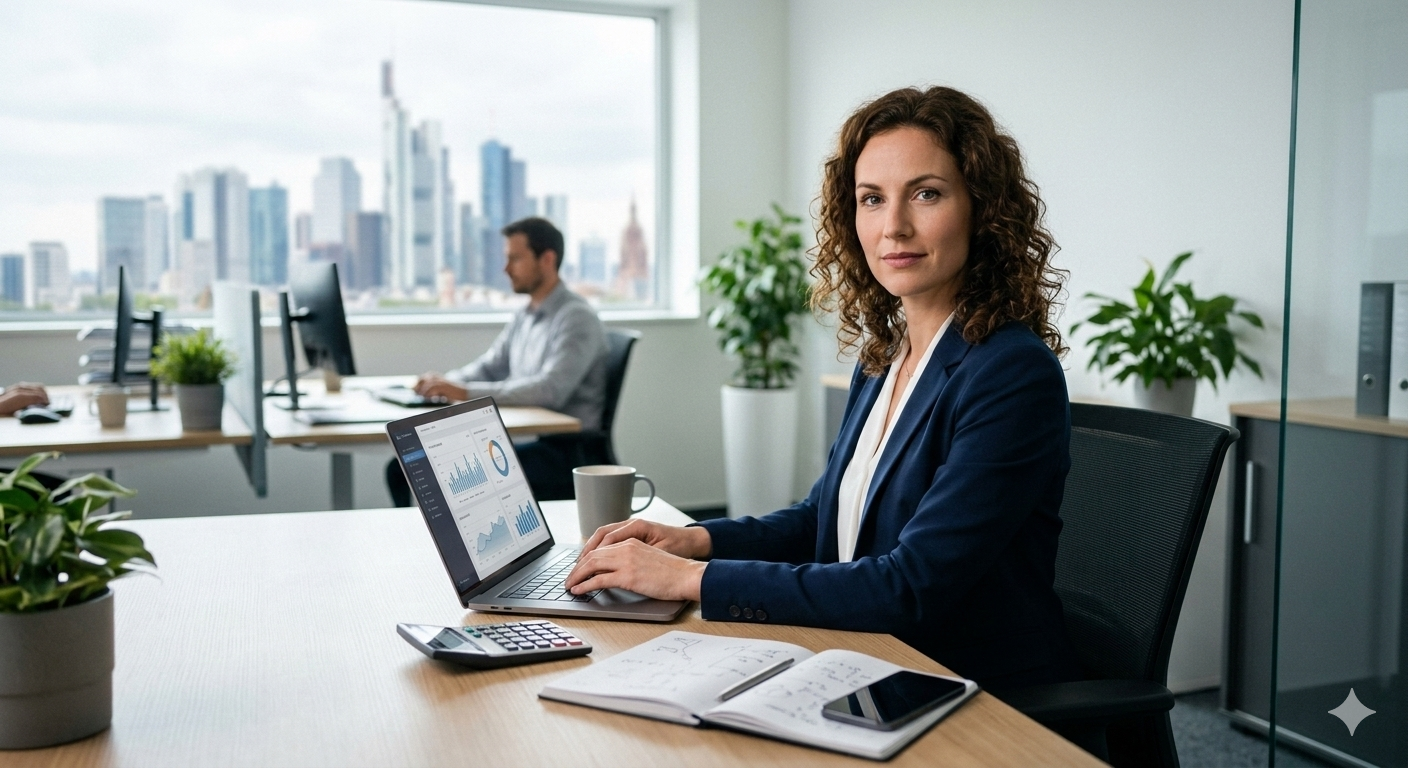 Buchhalterin in einem modernen Büro arbeitet konzentriert mit der Lexware Software am Laptop vor der Frankfurter Skyline.