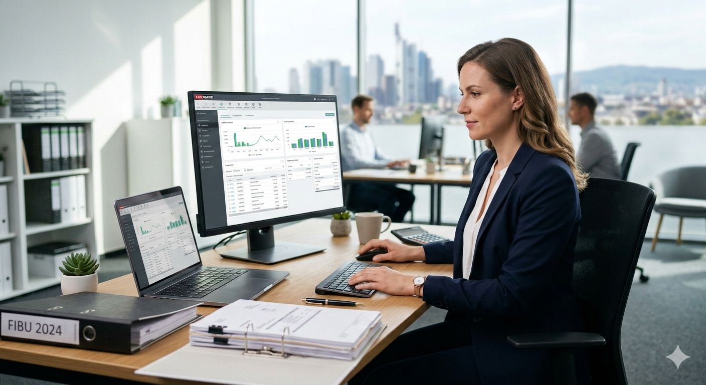 Eine Buchhalterin arbeitet in einem modernen Büro in Sulzbach am Laptop mit der Software Lexware für die Finanzbuchhaltung, im Hintergrund die Skyline von Frankfurt am Main.